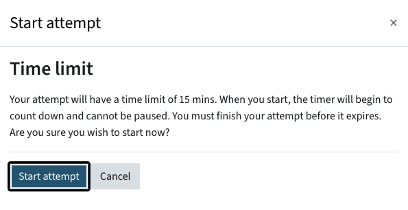 Pop-up in quizzes with a time limit where you have to confirm the start