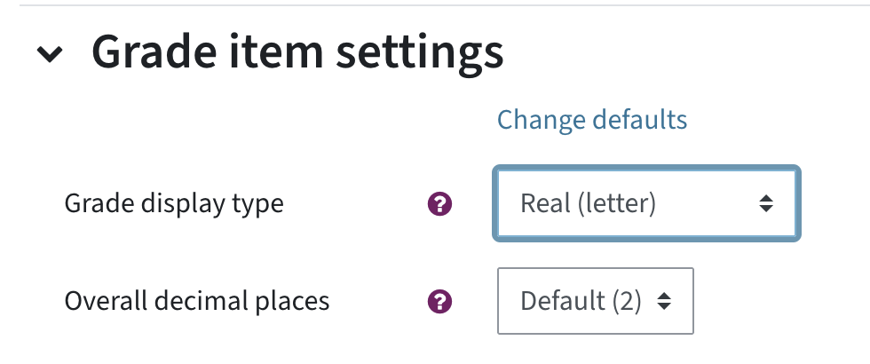 Grade item settings: Grade display type is set to real (letter)