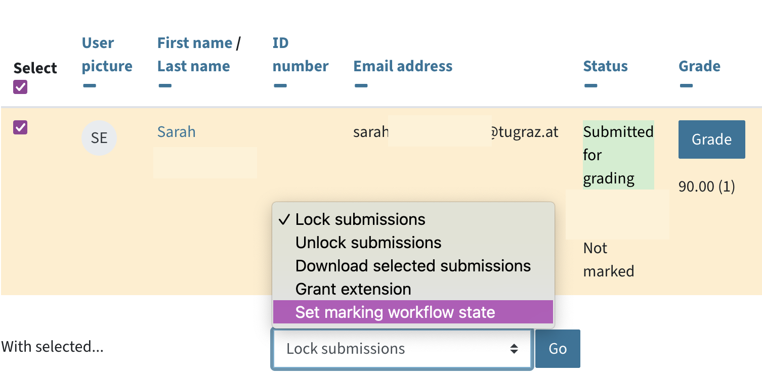 User is selected in the overview of all submitted assignments, Set marking workflow state is selected