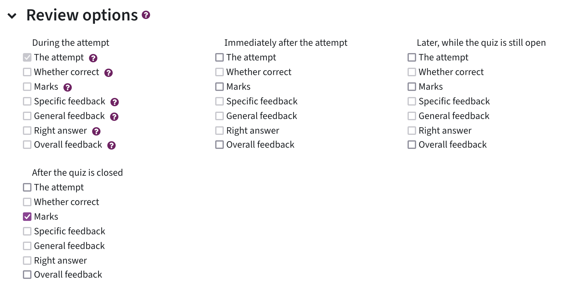 The review options in the quiz settings. After the quiz is closed: Marks is selected.