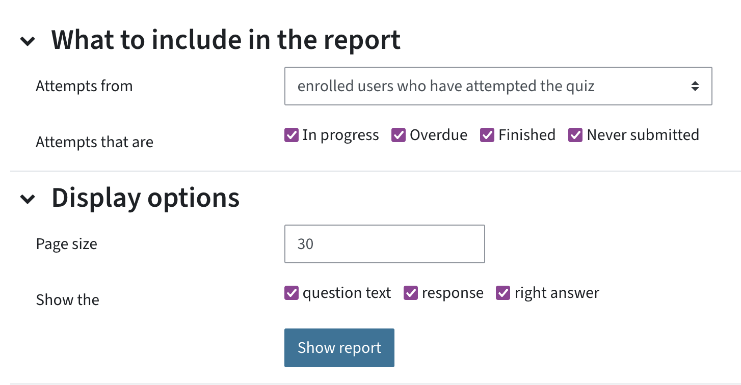 Screenshot of the settings where you can choose what to include in a report for exporting quiz answers