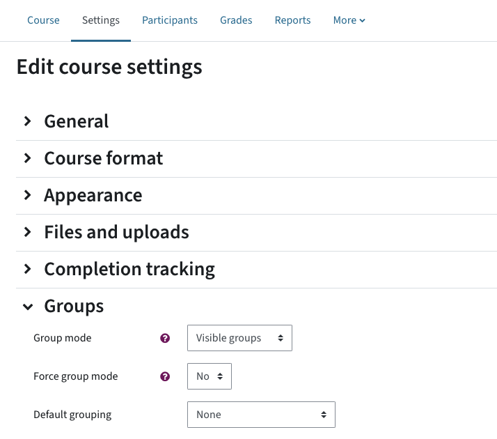 Course settings - category group is open, the group mode is set to visible groups