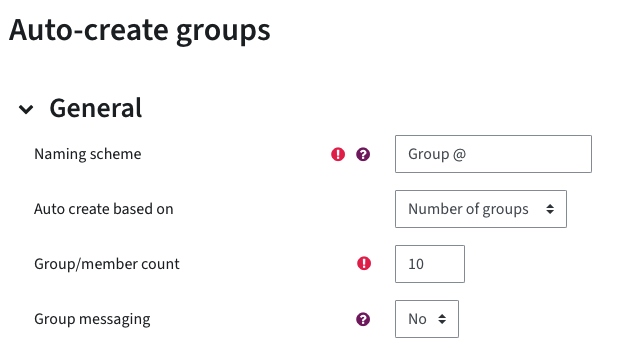 Menu to auto-create groups. There is a field to enter the naming scheme and settings for how many groups or members you want to add.