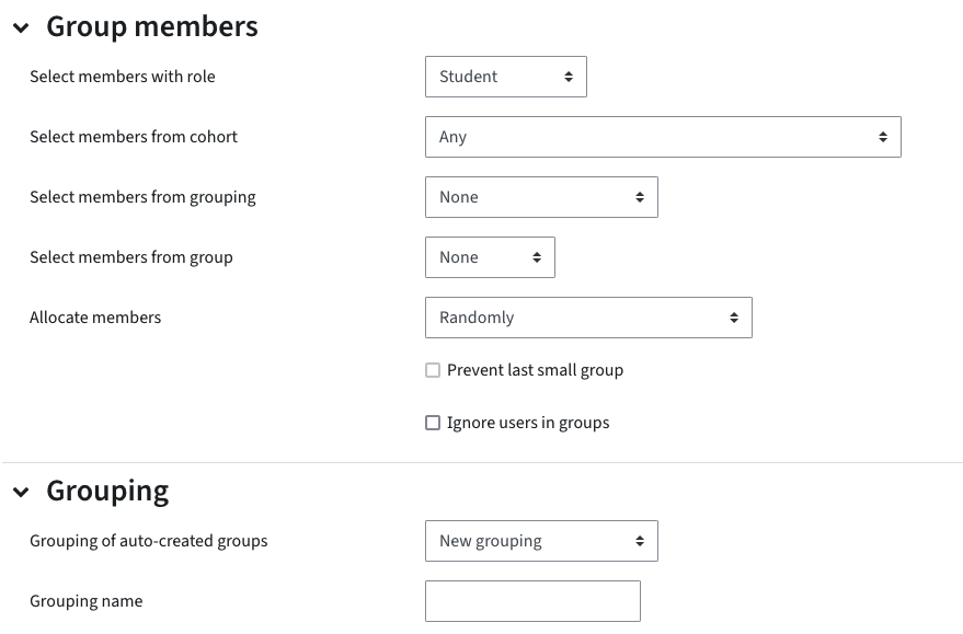Settings in the auto-creation of groups to assign students to groups already during creation and to add the groups to a grouping