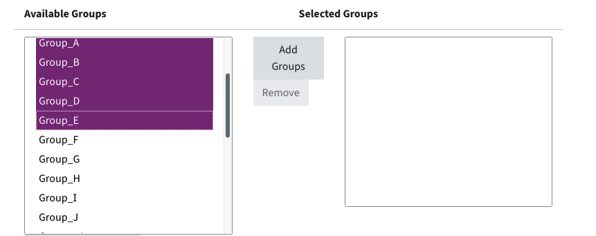 The menu to add groups to a group choice. On the left, available groups are listed. On the right, selected groups are listed. There is a button add groups in the middle.