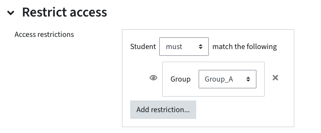 Access is restricted to group A. The eye icon is open.