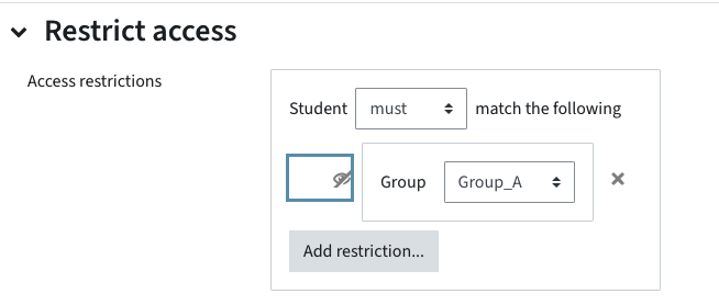 Access is restricted to one group. The eye icon is closed and is highlighted.