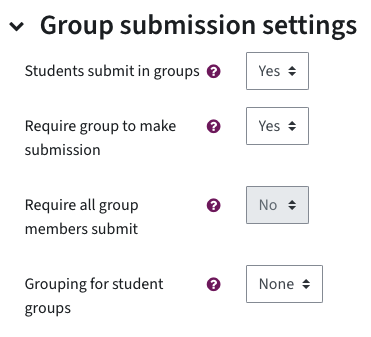 Students submit in groups is set to yes, require group to make submission: yes, but no grouping is chosen yet