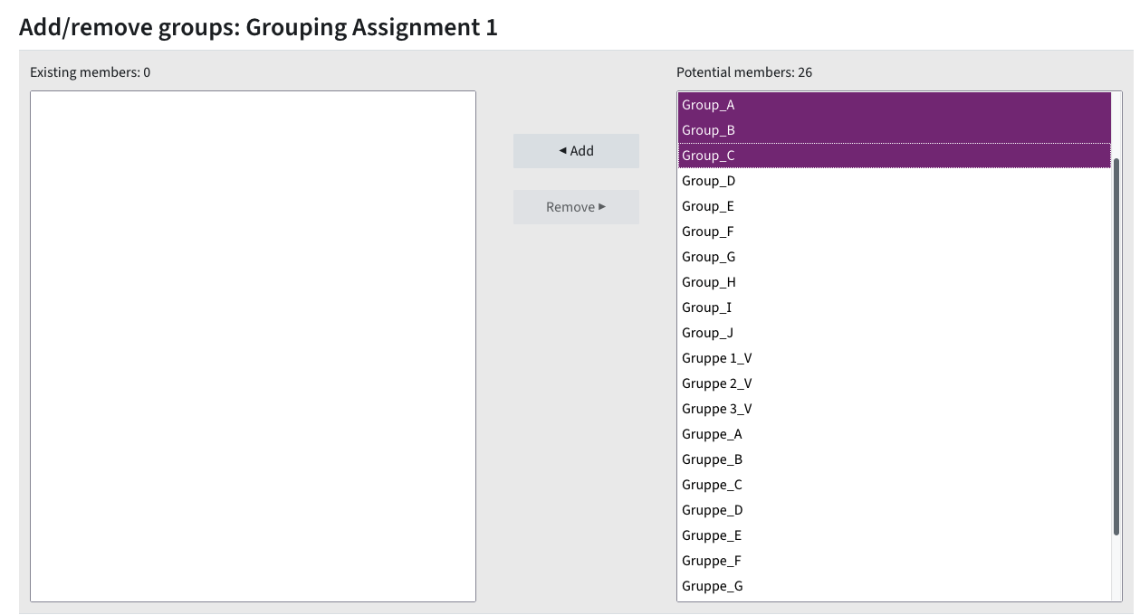 on the left, existing groups in the grouping are shown. On the right, potential groups to select for the grouping are shown. In the middle, there is a button to Add and Remove.