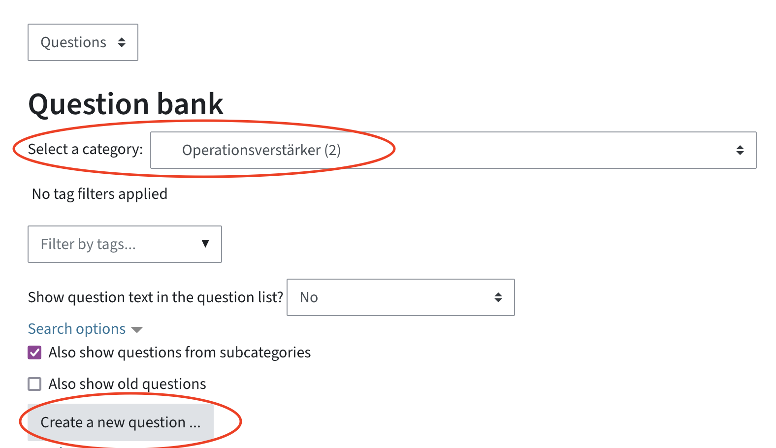 Screenshot of the Questions menu in the question bank. You can select a category and use the button Create a new question to create a new question.