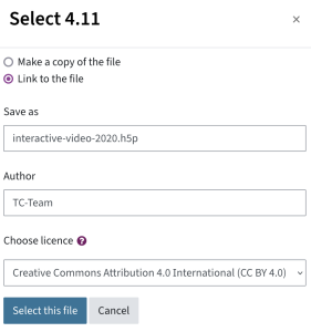 Link to the file is selected. In this menu, you can also change the author and license. There is a button select this file at the bottom.