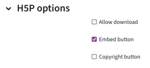 H5P options with the checkbox to create an embed button