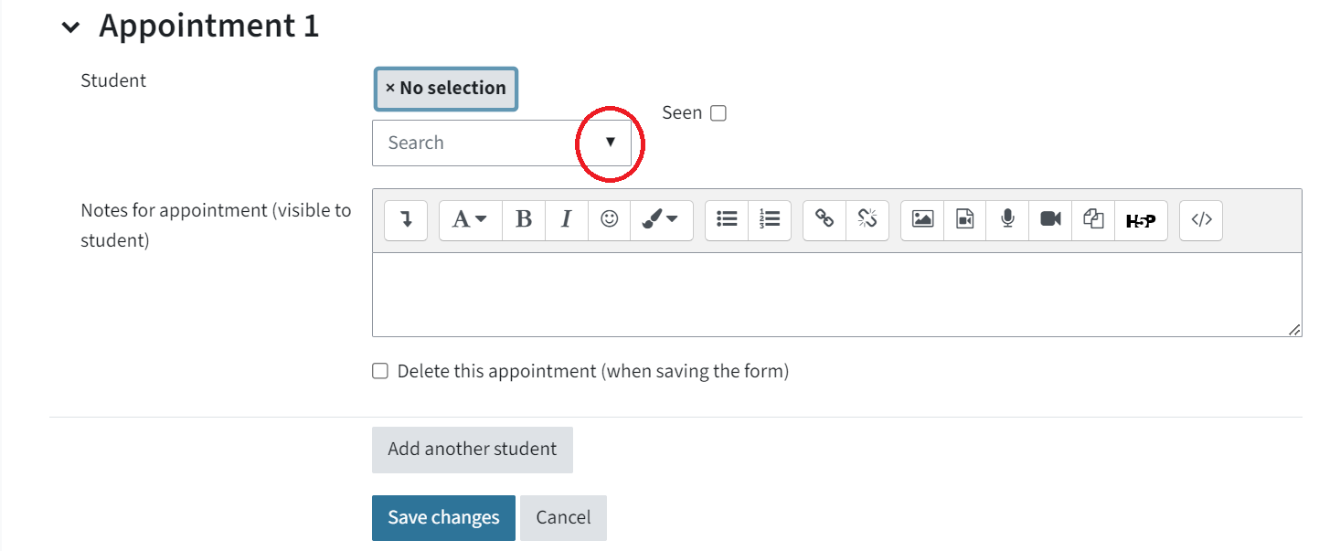 You can see "Appointment 1" , there you can select a student and ad them to a time slot. The dropdown menu is circled in.