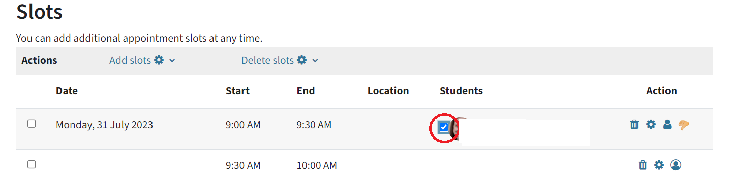 You can see a list of bookable time slots. the first one has been marked attended ("Seen") by the teacher. Next to the students name is a check box ticked, which is circled in. 