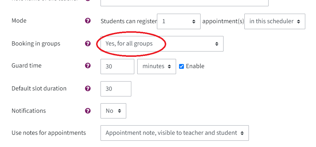 You can see the settings of the scheduler activity. There you can see "booking groups" and "yes, for all groups" selected from the dropdown menu, which is circled in.