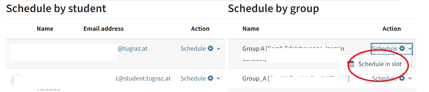 Here you can see the menu "Schedule by student" on the left and "Schedule by group" on the right. Unter "Schedule in groups" and the gear icon, "schedule in slot" is circled in.