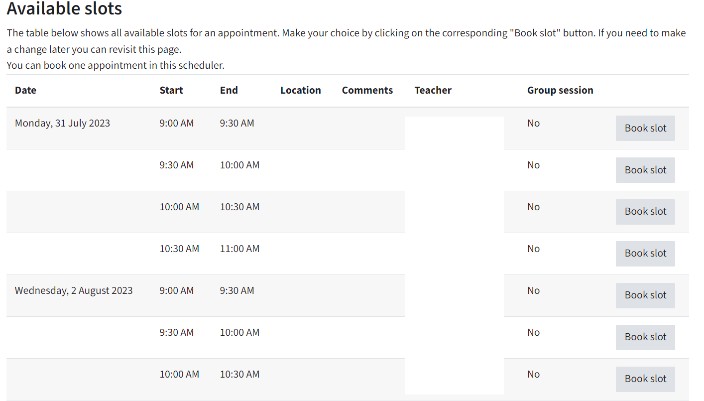 here is a list of all slots available for students, it is a table with dates, time and to the right of each slot, there is a button: "book slot"