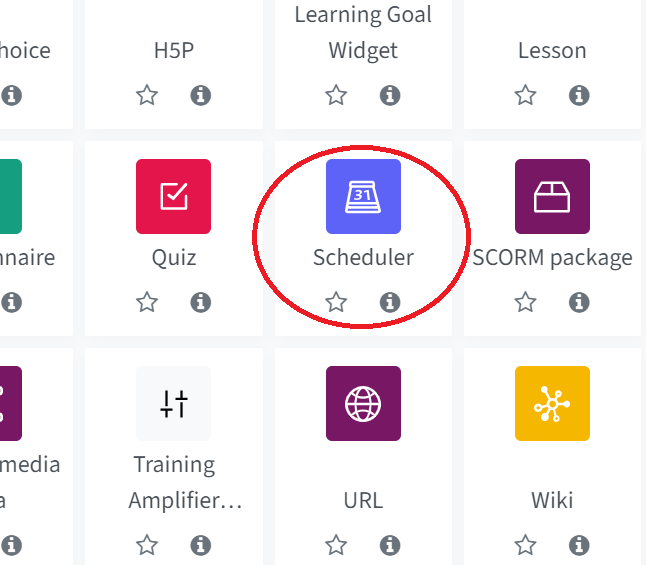 Menu of all activities you can choose from in the TeachCenter with the Scheduler activity circled in.