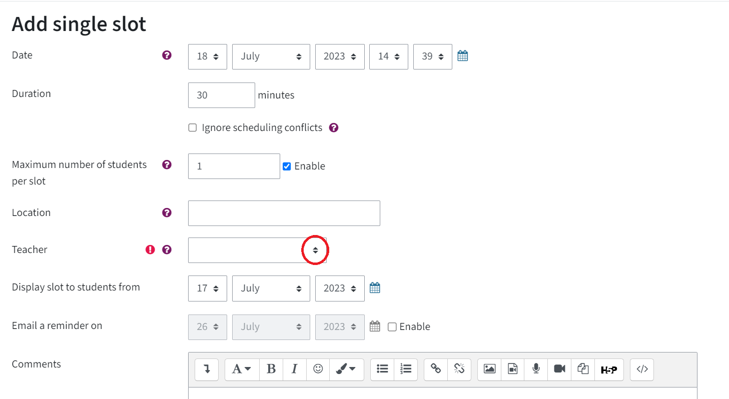 Here you see the menu for "Add single slot" with the dropdown menu for "Teacher" circled in