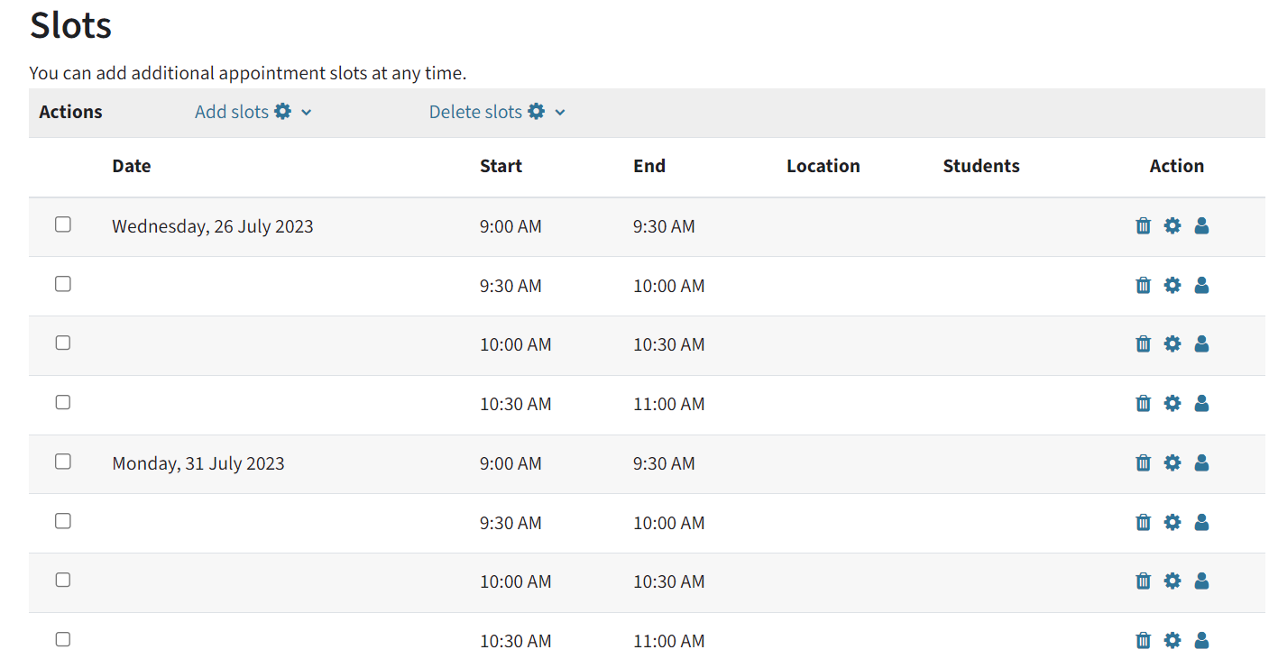 you can see a table of configured repeated time slots with date, start and end time, location, students and action.