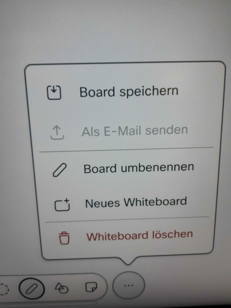 menu that can be accessed via the three dots on a whiteboard. The menu items are save, rename, new board and delete.
