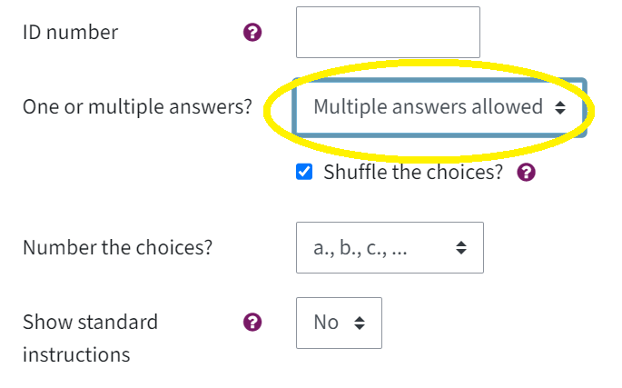 These are the settings for multiple choice questions. The category "one or multiple answers" is a dropdown-menu. Here, Multiple answers allowed has been selected and is circled in.