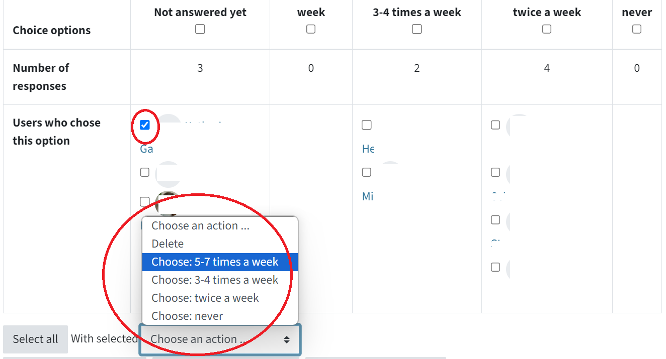 You can see the table of students in the Choice activity. Below the table, to the left, is "Select all" and "With selected", click "With Selected", and you an see the dropdown menu, here it is circled in.