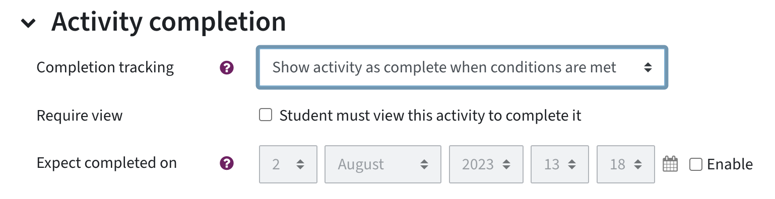 Option "Show activity as complete when conditions are met" at activity completion