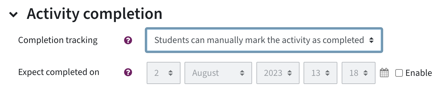 Option "Students can manually mark the activity as completed" is set at activity completion