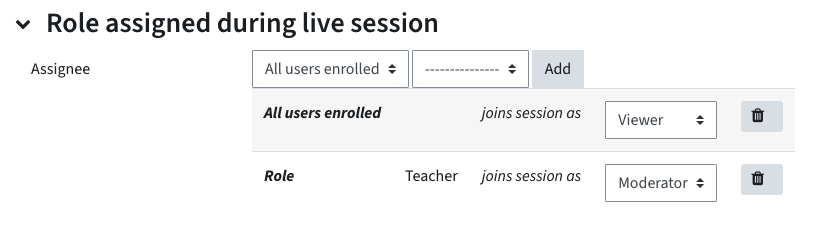 In Role assigned during live session, you can set that for example teachers are always moderators