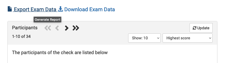The list of participants with above the buttons Export Exam Data and Download Exam Data. Export exam data is highlighted