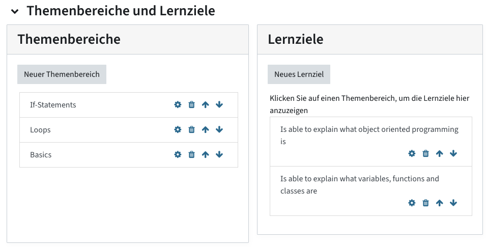 On the left, there is an area to add topics (Themenbereiche) or edit existing ones. On the right, there is an area to add learning goals (Lernziele) or edit existing ones.