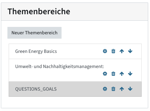 Topics view with the button Neuer Themenbereich (New topic). To add reflection questions, you must add a topic called questions_goals, which has already been added here. The menu is in German.