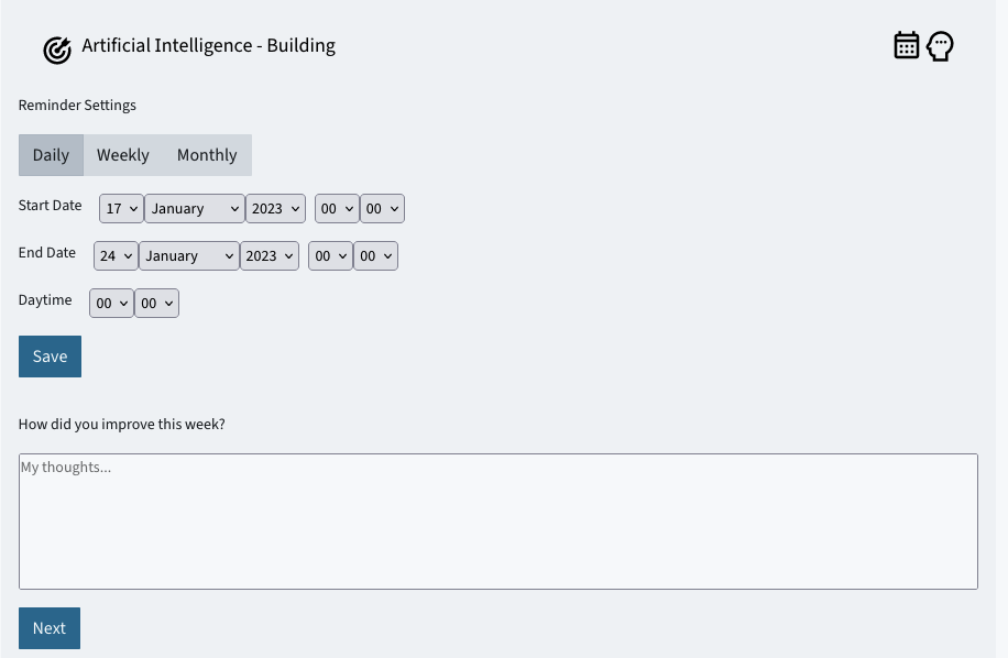 One learning goal (Artificial Intelligence - Building). Below the name of the goal are the reminder settings where you can choose a frequency and start and end date for the reminder. Below that, there is the reflection question and a textbox to enter your answer.