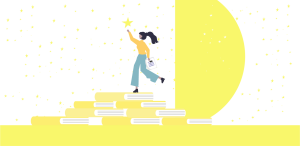 Illustration of a woman climbing stairs made of books, reaching for the stars. In her hand, she holds a multiple choice test.