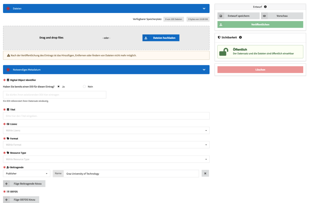 Screenshot der Erstellungsmaske für OER mit Feldern für Titel, Lizenz, Format, Beitragende, ÖFOS und Dateiupload. Rechts oben kann man Speichern und Veröffentlichen.