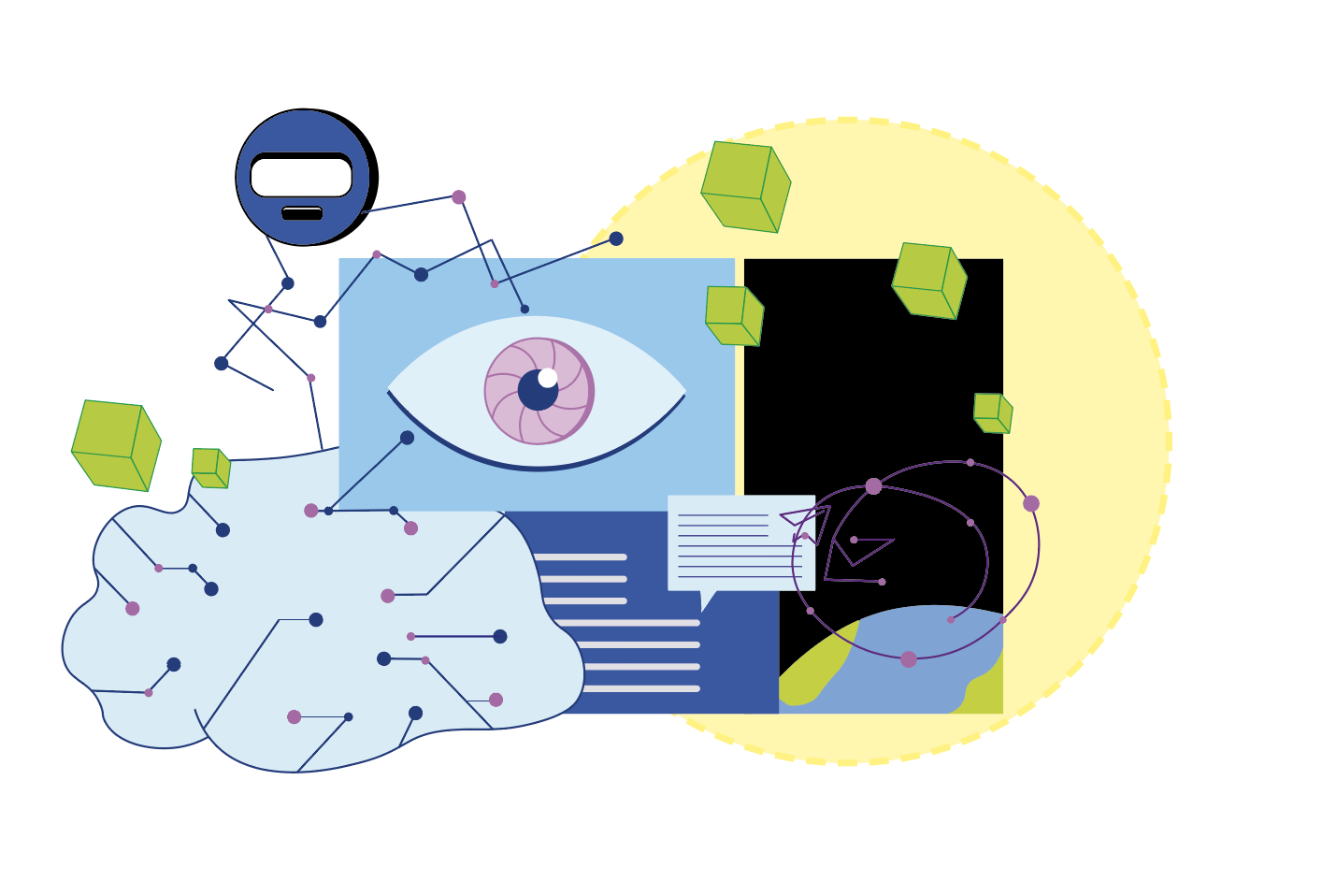 Illustration von einem Netzwerk, einem Auge, Textbausteinen und abstrakten Formen