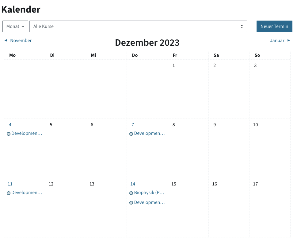 Monatsansicht des TeachCenter-Kalenders mit LV-Terminen