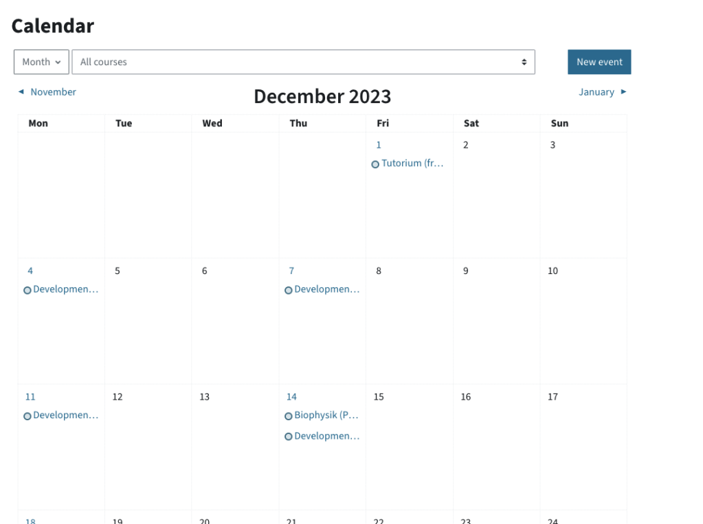 Screenshot of one month of the calendar with user events