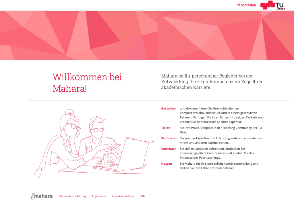 Homepage von Mahara mit einer Illustration und Anmelde-Button