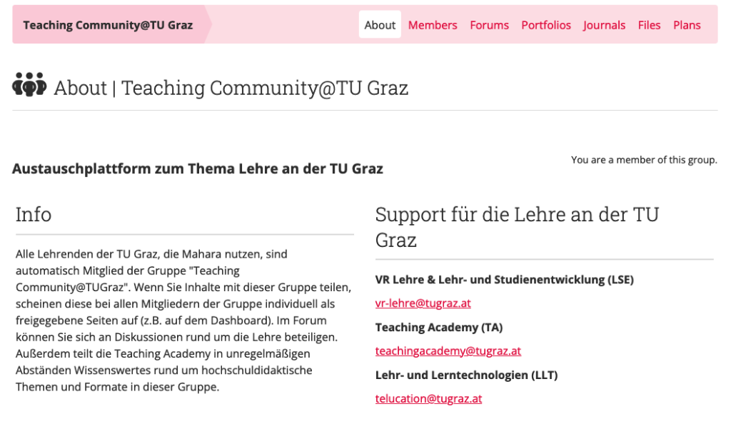 A group homepage with menu at the top to see members, portfolios and group journals