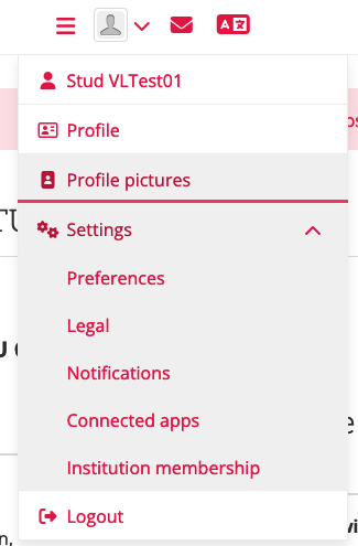 Menu that opens when you click on your user icon for profile settings