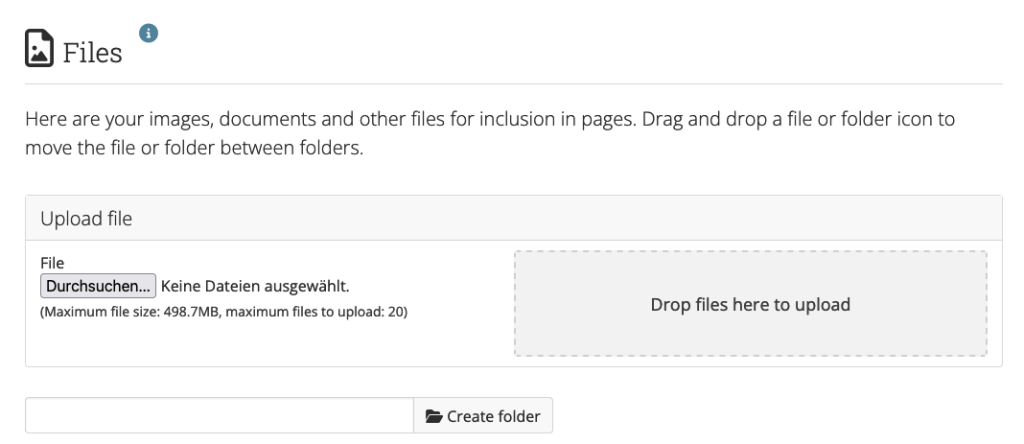 File upload menu with option to create a folder