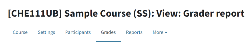 There is the title and number of the TeachCenter course in the first line. Below, there is the main menu bar with course, settings, participants, grades, reports, more.