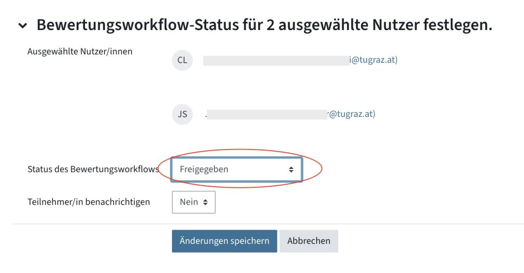 Liste der ausgewählten Nutzer/innen und Dropdown-Menü für den Bewertungsworkflow-Status