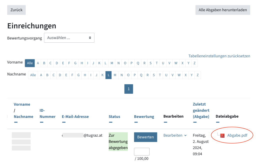 Übersicht der Abgaben mit der Spalte "Dateiabgabe", in der ein Dokument liegt