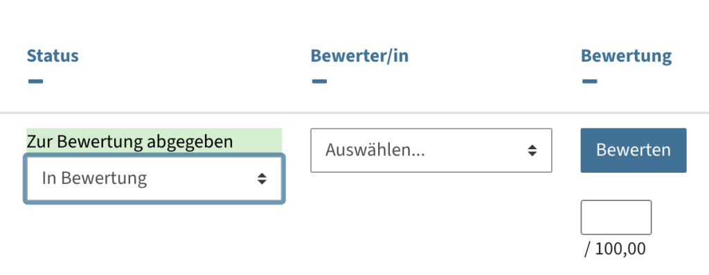 Dropdown-Menü für Bewertungsstatus und Bewerter/in in der Übersicht der Abgaben