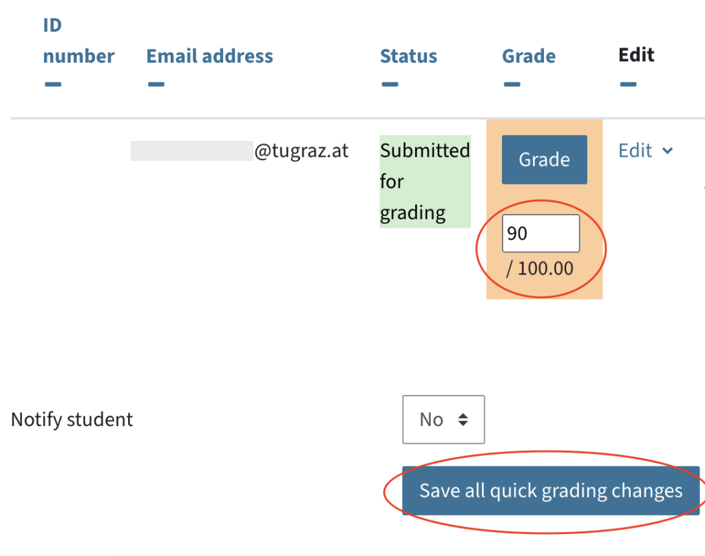 Input field for the points in the submission overview, below the button "save all quick grading changes"