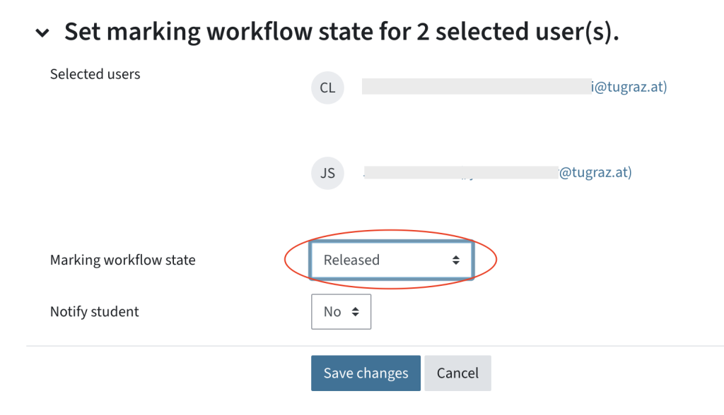 List of selected users, below a drop-down menu to select the marking workflow state