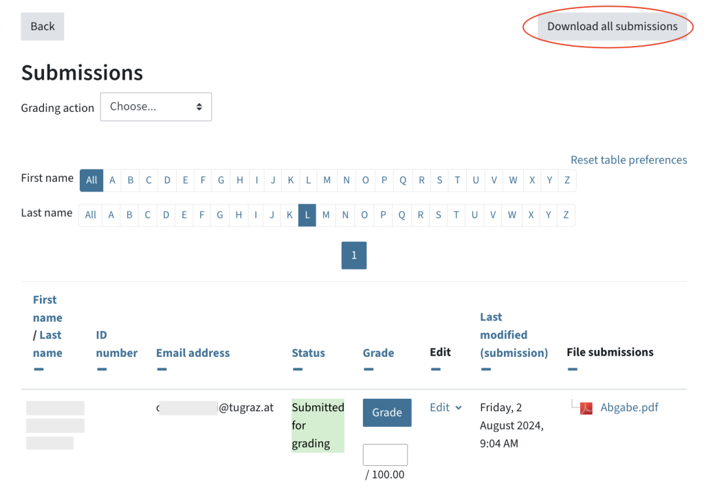 Submission overview, on the top right the button "Download all submissions"